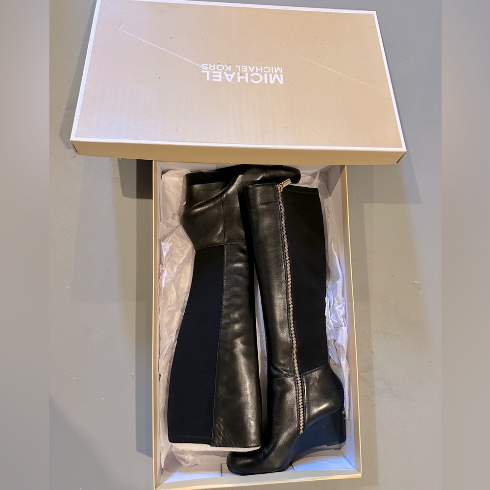 Michael Kors Leather Knee High Wedge Boots size 7.5 - New